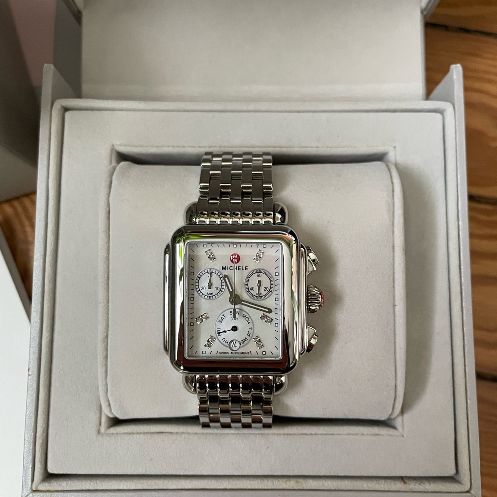 NWT Michele women’s watch with silver band and pearlescent face